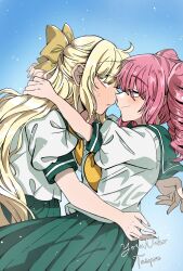  2girls arms_around_neck artist_name blonde_hair blue_background blue_eyes blush bow closed_mouth commentary drill_hair ear_blush eye_contact from_side full-face_blush green_sailor_collar green_skirt hair_bow hanabishi_haruka highres hiiragi_utena&#039;s_school_uniform light_particles long_hair looking_at_another magia_magenta magia_sulfur mahou_shoujo_ni_akogarete multiple_girls neckerchief nervous_sweating parted_lips pink_hair pleated_skirt profile sailor_collar school_uniform shirt short_sleeves skirt smile sweat tenkawa_kaoruko twintails white_shirt yellow_bow yellow_neckerchief yoruneko_(liampadolina) yuri 