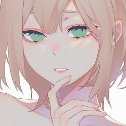  1girl 23i2ko blonde_hair blunt_bangs close-up green_eyes hair_between_eyes hand_on_own_chin head_tilt index_finger_raised looking_at_viewer messy_hair no_pupils no_shirt open_mouth original portrait short_hair simple_background solo white_background 