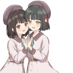  2girls :d animification black_hair blunt_bangs blunt_ends blush bob_cut brown_eyes brown_hair cheek-to-cheek collared_dress commentary_request contrast_collar dream_believers dress flower flower_hands flower_hands_duo flower_knot flower_stand_art green_eyes green_ribbon hair_flower hair_ornament hanazora_satsuki hand_on_another&#039;s_hip heads_together link!_like!_love_live! long_sleeves looking_at_viewer love_live! medium_hair momose_ginko multiple_girls neck_ribbon open_mouth pink_dress real_life ribbon sakurai_hina second-party_source short_hair simple_background smile virtual_youtuber voice_actor voice_actor_connection white_background 