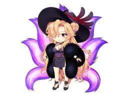  1girl a-pose alternate_costume alternate_hairstyle alternate_headwear black_dress black_hat black_shoes blonde_hair breasts chibi cleavage criss-cross_halter double_bun dress earrings fingernails fox_tail hair_bun halterneck hat hat_feather high_heels highres jewelry junko_(maternal_bullets_for_you) junko_(touhou) leg_tattoo long_fingernails long_hair multiple_tails oveersized_hat purple_tail red_eyes red_nails shoes short_dress simple_background sleeveless sleeveless_dress solo sprite tail tattoo very_long_hair white_background 