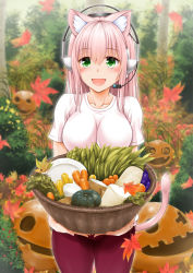 1girl :d animal_ears autumn_leaves basket blurry blush breasts carrot cat_ears cat_girl cat_tail cowboy_shot cup depth_of_field eggplant female_focus food ganari_ryuu garden green_eyes headphones headset highres holding jack-o&#039;-lantern large_breasts leaf long_hair looking_at_viewer mug open_mouth original outdoors pants pink_hair pink_pants plant plate pumpkin shirt short_sleeves smile solo super_tama_musume tail tamatoys vegetable white_shirt rating:Sensitive score:8 user:danbooru