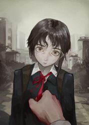  1girl asymmetrical_hair bin_jiang brown_eyes brown_hair closed_mouth commentary english_commentary hair_ornament iwakura_lain pov serial_experiments_lain short_hair single_sidelock x_hair_ornament 