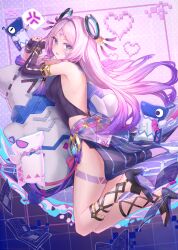  1girl anger_vein armlet asymmetrical_sleeves back backless_leotard bare_shoulders blue_eyes blush book bracelet braid citlali_(genshin_impact) detached_sleeves facial_mark feathers fingernails floating_headgear forehead_mark genshin_impact grid_background headgear heart high_heels highres jewelry kachayori leotard long_hair looking_at_viewer looking_back median_furrow nail_polish open_mouth pillow pink_feathers pink_hair pink_pupils pink_sarong pixel_heart purple_feathers purple_leotard purple_nails purple_shoes purple_sleeves ribbed_leotard ribbed_sleeves ring_hair_ornament sarong shoes solo thigh_marking thighs triangle triangle_facial_mark twitter_username uneven_sleeves vision_(genshin_impact) 