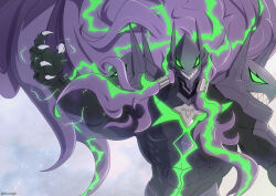  1boy arm_up armor black_hair black_skin blazblue blazblue:_central_fiction blazblue:_cross_tag_battle colored_skin glowing glowing_eyes green_eyes green_hair hand_up horns kinreigh long_hair sharp_teeth susanoo_(blazblue) talons teeth upper_body 