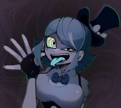  1girl abstract_background blue_hair blue_tongue bow bowtie breasts colored_sclera colored_skin colored_tongue commentary_request crazy_eyes dot_pupils eyelashes fake_type fingerless_gloves gloves hair_between_eyes half-closed_eye hand_up hat looking_at_viewer meiru_5555 outline parted_hair partially_shaded_face princess_(fake_type) puffy_short_sleeves puffy_sleeves ringed_eyes shirt short_sleeves solo swept_bangs tongue tongue_out top_hat upper_body white_skin yellow_sclera 