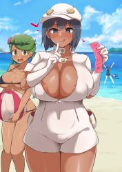  3girls :d :p aether_foundation_employee aether_foundation_employee_(female) aether_foundation_uniform areola_slip ball beach beachball bikini black_bikini black_hair blue_eyes blue_hair blue_sky blush breasts newsboy_cap cleavage cloud condom cowboy_shot dark-skinned_female dark_skin day employee_uniform flower gen_7_pokemon gloves green_eyes green_hair hair_flower hair_ornament hat heart huge_breasts index_finger_raised lana_(pokemon) large_breasts licking_lips looking_at_viewer low_twintails mallow_(pokemon) multiple_girls naughty_face nintendo nipple_slip nipples no_bra ocean one-piece_swimsuit open_mouth outdoors pokemon pokemon_(creature) pokemon_sm popplio pouch sky smile standing sweat swimsuit tongue tongue_out twintails underboob yamaori  rating:Questionable score:120 user:danbooru