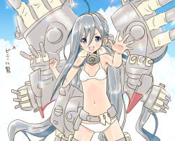 1girl ahoge armpit_crease bikini blush breasts bullet cannon cloud cosplay cowboy_shot day gluteal_fold grey_eyes grey_hair hair_between_eyes hair_bun inflatable_toy kantai_collection kikumon kiyoshimo_(kancolle) kujira_naoto long_hair looking_at_viewer low_twintails machinery navel open_mouth range_finder rigging ship_turret single_hair_bun sky small_breasts smile solo standing stomach swimsuit teeth thighs translated twintails v very_long_hair white_bikini yamato_(kancolle) yamato_(kancolle)_(cosplay) 