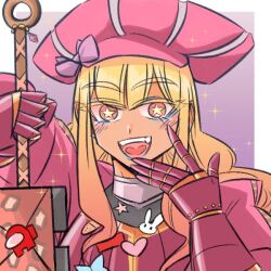  1girl 2024 among_us armor blonde_hair eyes_visible_through_hair gyaru_landsknecht_(centurii-chan) hat long_hair open_mouth pink_armor pink_hat purple_ribbon ribbon sirscull smile solo  rating:General score:3 user:randomwriter391