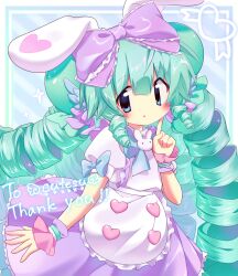  1girl :o absurdres animal_ears apron aqua_hair arm_at_side artistic_error blue_background blue_eyes blunt_bangs border borrowed_character commission commissioner_name cowboy_shot double-parted_bangs dress drill_hair droopy_ears finger_to_cheek hand_up highres light_blush long_hair looking_at_viewer no_nose original outside_border parted_lips perperogero puffy_short_sleeves puffy_sleeves purple_dress quin_tails rabbit_brooch rabbit_ears short_sleeves sidelocks solo thank_you very_long_hair white_apron white_border wrong_hand 