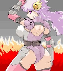  1girl aliasing ass breasts contra contra:_shattered_soldier cosplay female_focus fire large_breasts long_hair lowres lucia lucia_(contra) lucia_(contra)_(cosplay) lucia_(cosplay) purple_eyes purple_hair rf_(aruehu) solo 