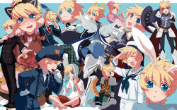  1boy alternate_costume animal_ear_hairband animal_ears blonde_hair blue_eyes blush cat_ear_hairband cat_ears crossdressing crossdressing_(mtf) dog_ears dog_tail dress fake_animal_ears flynn_scifo from_behind full_body glasses hairband halo hat highres keiko_rin male_focus multiple_views pink_dress pointing pointing_at_viewer police police_hat police_uniform rabbit_ears sailor_collar sailor_hat sailor_shirt school_uniform shirt short_hair sitting tail tales_of_(series) tales_of_vesperia tearing_up turtleneck wariza wings 
