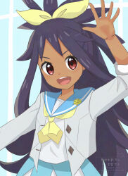  1girl :d aoneko4ao_(edwf7745) arm_up black_hair blue_sailor_collar bow brown_eyes commentary_request hair_bow hair_rings happy highres iris_(academy)_(pokemon) iris_(pokemon) jacket long_hair looking_at_viewer neckerchief nintendo official_alternate_costume open_clothes open_jacket open_mouth pokemon pokemon_masters_ex sailor_collar shirt smile solo teeth three-quarter_sleeves tongue upper_teeth_only watermark white_shirt yellow_bow yellow_neckerchief 