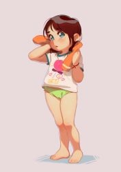 1girl alkemanubis barefoot blue_eyes brown_hair child female_focus highres looking_at_viewer original short_hair solo standing sweat towel rating:Sensitive score:146 user:danbooru