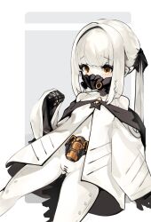  1girl absurdres artificial_vagina black_mask black_tail blue_archive bottomless censored colored_skin ein_(blue_archive) extra_pupils female_focus flat_chest fromoutremer highres loli long_hair long_sleeves mask mechanical_hands mechanical_pussy mechanical_tail mouth_mask navel pussy respirator sex_toy simple_background solo symbol-shaped_pupils tail twintails white_hair white_skin x-shaped_pupils yellow_eyes 