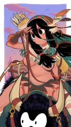  1girl animal_request arrow_(symbol) bandaged_arm bandages bird black_eyes black_hair blue_hair blush bow_(weapon) breasts brown_gloves cloud commentary_request dark-skinned_female dark_skin evening feather_hair_ornament feathers fingerless_gloves gashi-gashi gloves hair_between_eyes hair_ornament hairband highres horns large_breasts long_hair multicolored_hair multiple_girls native_american original outdoors quiver riding riding_animal skirt sky solo weapon 