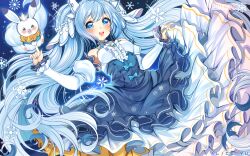  1girl 1other alice_vu animal_ears aqua_hair aqua_nails artist_name blue_eyes blush detached_sleeves dress fortissimo frilled_dress frills hair_between_eyes hair_ornament hatsune_miku long_hair long_sleeves looking_at_viewer musical_note musical_note_hair_ornament official_alternate_costume official_alternate_hairstyle open_mouth puffy_long_sleeves puffy_sleeves rabbit rabbit_ears rabbit_tail rabbit_yukine smile snowflake_print tail twintails very_long_hair vocaloid yuki_miku yuki_miku_(2019) 