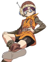  1girl bike_shorts black_shorts blue_eyes blunt_bangs boots brown_boots brown_shirt chrono_trigger closed_mouth crossed_legs glasses hand_on_own_hip headset helmet hosodayo light_smile lucca_ashtear neckerchief orange_neckerchief orange_tunic parted_bangs purple_hair shirt short_hair shorts solo suspenders tunic twintails white_background 