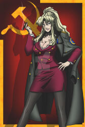 1girl absurdres balalaika_(black_lagoon) black_lagoon blonde_hair blue_eyes breasts burn_scar cigar cleavage collarbone hammer_and_sickle highres large_breasts long_hair madcatstudios scar solo