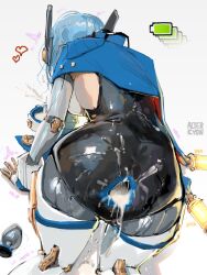  1girl after_anal all_fours alterkyon anus ass battery_indicator blue_hair butt_plug commentary cum cum_in_ass cum_in_container cum_in_headwear gaping genshin_impact heart highres ineffa_(genshin_impact) mechanical_arms mechanical_legs sex_toy solo symbol-only_commentary 