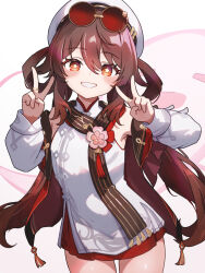  1girl boo_tao_(genshin_impact) brown_hair chikuzen1996 genshin_impact glasses_on_head hat highres hu_tao_(cherries_snow-laden)_(genshin_impact) hu_tao_(genshin_impact) long_hair looking_at_viewer smile solo  rating:General score:10 user:victusr34