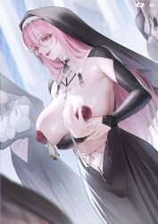  4girls absurdres arm_under_breasts black_dress black_shrug blurry blurry_foreground breasts chinese_commentary coif cross dress glasses highres huge_breasts jewelry livestream long_hair multiple_girls navel nun original own_hands_clasped own_hands_together pasties persimmonszzz pink_eyes pink_hair pink_lips shrug_(clothing) smile solo_focus teeth 