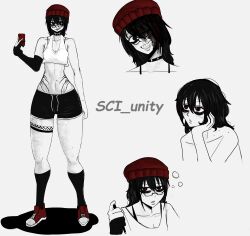  1boy absurdres bad_source bags_under_eyes beanie black_hair blood blood_in_hair blood_on_face choker crop_top hat highres kneehighs leg_tattoo long_hair looking_at_viewer male_focus mole mole_on_neck mole_under_eye nosebleed original red_eyes sci_unity shorts simple_background smile socks stomach_tattoo tattoo trap 