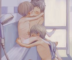  3boys absurdres arms_around_neck barefoot bench black_hair blush closed_eyes completely_nude fellatio grey_hair highres kiss male_focus multiple_boys navel nipples nude oral original ribs shorts shorts_around_one_leg shota shower_head sitting tan tanline wrmg_hmhm yaoi  rating:Explicit score:229 user:Dweenie