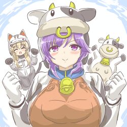  2girls :o absurdres alternate_costume animal animal_costume animal_ears animal_print bell blonde_hair blush breasts cat_ears closed_eyes cosplay cow_costume cow_horns cow_print cowbell crossover gloves hair_ornament hairpin hands_up happy helmet highres hood hoodie horns large_breasts long_sleeves marihei64ds mario_(series) mario_kart mizuori_shizuku moo_moo_(mario) multiple_girls neck_bell nintendo open_mouth purple_eyes purple_hair short_hair sidelocks simple_background smile solo_focus stuffed_toy summer_pockets tsumugi_wenders upper_body white_gloves x_hair_ornament 