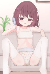  1girl absurdres blush bow_print bow_print_panties bra brown_eyes brown_hair cherry_panties cherry_print collarbone couch crotch_seam flat_chest food_print fruit_print grey_panties grey_skirt hand_fan handheld_electric_fan highres holding holding_fan hot loli looking_at_viewer navel on_couch open_mouth original panties picture_frame plant polka_dot polka_dot_panties print_panties ribbon_print ribbon_print_panties shooko short_hair sitting skirt spread_legs thighhighs underwear white_bra white_thighhighs 