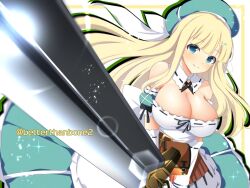  1girl aqua_eyes aqua_hat betterthanbone2 blonde_hair breasts cleavage commentary_request detached_collar gloves greatsword hair_ornament hairclip hat highres huge_weapon large_breasts long_hair looking_at_viewer ribbon-trimmed_collar ribbon-trimmed_gloves ribbon_trim senran_kagura senran_kagura_shoujo-tachi_no_shin&#039;ei shuriken smile solo sword weapon yomi_(senran_kagura) 