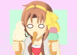  1girl absurdres ahoge anelace_elfead artist_request brown_hair commentary curtained_hair eating eiyuu_densetsu english_commentary food food_in_mouth green_background hairband highres holding holding_food holding_ice_cream_cone ice_cream_cone pink_background short_hair simple_background solo sora_no_kiseki two-tone_background yellow_hairband 