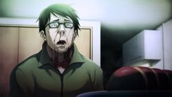  1boy blood blood_from_mouth blood_in_mouth blood_on_clothes blood_stain bloodshot_eyes bloody_tears chaos;child crying crying_with_eyes_open cupboard drawer drooling drooling_blood dying food frown game_cg glasses grey_eyes ham highres indoors jacket male_focus non-web_source nostrils official_art ootani_yuuma open_mouth plate sasaki_mutsumi shirt short_hair sitting snot_trail solo tears teeth track_jacket upper_teeth_only white_shirt zipper zipper_pull_tab 