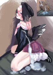  1girl absurdres bestiality black_footwear black_headwear black_shirt black_wings blue_archive blush commentary cum cum_on_clothes english_commentary feathered_wings head_wings highres koharu_(blue_archive) long_hair long_sleeves loose_socks low_wings miniskirt neckerchief open_mouth photo-referenced pink_eyes pink_hair pink_neckerchief pink_skirt pleated_skirt rancidronin reference_inset sailor_collar shirt skirt socks solo white_sailor_collar white_socks wings  rating:Explicit score:20 user:danbooru