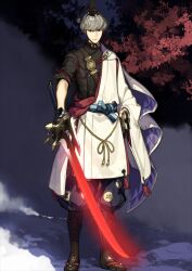  1boy arm_at_side belt black_boots black_eyes black_hat black_jacket black_pants blue_sash boots brown_belt cape closed_mouth collared_cape fate/grand_order fate_(series) full_body game_cg gloves glowing glowing_sword glowing_weapon grey_hair hadanugi_dousa hat hidari_(left_side) high_collar holding holding_sheath holding_sword holding_weapon jacket japanese_clothes kimono long_sleeves looking_at_viewer male_focus official_art onikiri_yasutsuna_(fate) open_kimono pants puffy_pants sash shanghai_neckline sheath short_hair shoulder_belt side_cape single_glove solo standing sword tassel tate_eboshi third-party_source two-sided_cape two-sided_fabric undercut variant_set waist_sash watanabe_no_tsuna_(fate) weapon white_cape white_kimono wide_sleeves 