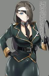  1girl absurdres belt black_gloves black_necktie blue_eyes breasts brown_hair closed_mouth commentary_request covered_navel detached_collar eyepatch gloves green_skirt hand_on_own_hip highres holding holding_whip jitome_no_tsugumi large_breasts long_hair looking_at_viewer necktie original pencil_skirt skirt solo standing translation_request 
