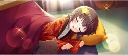  1girl black_cat blush brown_hair cat child chomusuke closed_eyes collared_shirt dress_shirt game_cg hair_ornament hair_tie hairpin head_on_pillow highres indoors komekko kono_subarashii_sekai_ni_shukufuku_wo! konosuba!_fantastic_days kotatsu light_rays lying official_alternate_costume official_art on_floor on_side open_mouth pillow shirt short_hair short_twintails sidelocks sleeping smile sparkle star_(symbol) star_hair_ornament sunbeam sunlight table twintails under_kotatsu under_table white_shirt winged_cat 