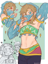  1boy 1girl ? aorin_(riley17_a) armpits bare_shoulders blue_eyes blush brown_hair champion&#039;s_tunic_(zelda) crop_top crossdressing crossdressing_(mtf) detached_sleeves embarrassed gerudo_set_(zelda) headdress heart highres jewelry link multiple_views navel nintendo official_alternate_costume one_eye_closed princess_zelda sheikah_slate simple_background sketch the_legend_of_zelda the_legend_of_zelda:_breath_of_the_wild the_legend_of_zelda:_tears_of_the_kingdom 