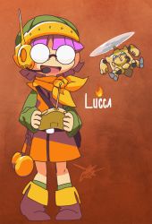  1990s_(style) 1girl :d aircraft antennae bad_deviantart_id bad_id boots character_name chrono_(series) chrono_trigger controller fire glasses hammer headset helicopter helmet hidden_eyes lucca_ashtear machinery matt_cummings motion_blur opaque_glasses open_mouth pigeon-toed propeller purple_hair red_background remote_control retro_artstyle robo_(chrono_trigger) robot round_eyewear signature simple_background smile standing  rating:Sensitive score:14 user:danbooru