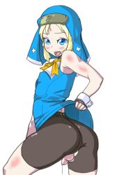 1boy arc_system_works ass bare_arms bike_shorts blonde_hair blue_eyes blush bow bridget_(guilty_gear) clothes_lift covered_erect_nipples crossdressing crossdressing_(mtf) dress fang fingerless_gloves flaccid from_behind gloves guilty_gear habit looking_back male_focus nun open_mouth penis precum shota simple_background skirt skirt_lift smile solo sukarabu torn_clothes trap white_background wrist_cuffs rating:Explicit score:80 user:smoky-bandana