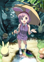 1girl :d animal_ears dress female_focus forest hairband koutaro mushroom nature non-web_source open_mouth original panties pantyshot pantyshot_through_reflection pink_hair puddle purple_skirt rabbit rabbit_ears reflection short_hair skirt sleeveless smile solo umbrella underwear upskirt urara urara_(koutaro) white_panties wrist_cuffs rating:Sensitive score:19 user:danbooru