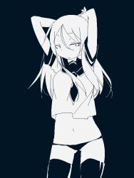  1girl abyssal_ship arms_behind_head arms_up breasts closed_mouth gluteal_fold greyscale hair_between_eyes hime_takeo jaggy_lines kantai_collection long_hair looking_at_viewer midriff monochrome neckerchief panties sailor_collar short_sleeves simple_background solo ta-class_battleship thighhighs underwear 