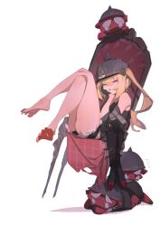  1girl absurdres barefoot blonde_hair blush boots chair feet head_rest helmet highres long_hair looking_at_viewer luciana_de_montefio micro_shorts parted_lips red_eyes shoes shorts side_ponytail soles toes unworn_boots unworn_shoes v.a._(vanilla) zenless_zone_zero 