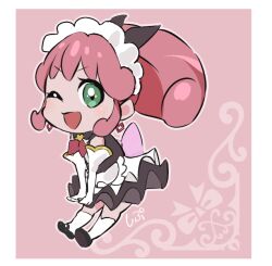  1girl adapted_costume alternate_costume apron back_bow black_bow black_collar black_shoes black_skirt black_vest border bow brooch chibi collar cure_mirage curly_hair detached_collar diamond_earrings earrings elbow_gloves enmaided eyelashes gloves green_eyes hair_bow hands_on_lap happinesscharge_precure! happy heart heart_brooch jewelry kneehighs light_blush looking_at_viewer maid maid_headdress mary_janes miniskirt neckerchief one_eye_closed open_mouth outline pink_background pink_bow pleated_skirt ponytail precure red_hair red_neckerchief shipu_(gassyumaron) shoes short_hair signature skirt smile socks solo tareme two-tone_skirt v-shaped_eyebrows vest waist_apron white_apron white_border white_gloves white_outline white_skirt white_socks 