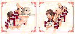 2girls barefoot bdsm blue_eyes bondage bound breasts brown_eyes brown_hair feet head_on_hand human_furniture looking_at_viewer masafumi multiple_girls nipples nude original restrained rope shibari silver_hair small_breasts stationary_restraints suspension rating:Questionable score:32 user:danbooru