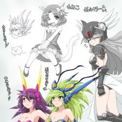  5girls animal_ears animal_hands armor armored_dress ass bare_shoulders bow breastplate breasts cat_(battle_cats) cat_ears cat_paws cat_tail character_name chest_plate cleavage closed_eyes collage collar crown dress earmuffs from_behind gauntlets green_eyes green_hair grey_hair hair_bow hayashiya_zankurou head_only headset helmet highres ice_queen_cat knees_together_feet_apart long_hair looking_up mary_janes medium_breasts microphone moneko_(battle_cats) monochrome multiple_girls no_pupils nyanko_daisensou one_eye_closed open_mouth pointy_ears purple_eyes purple_hair shoes shoulder_pads skirt small_breasts smile spiked_hair strapless tail thighs thundia thundia_(nyanko_daisensou) valkyrie_cat windy_(battle_cats) 