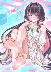  1girl absurdres azki_(hololive) barefoot black_hair blush chrochlomyl feet finger_to_cheek highres hololive long_hair looking_at_viewer low_twintails multicolored_hair purple_eyes smile soles streaked_hair toes twintails two-tone_hair 