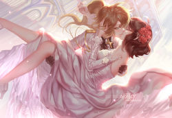 2girls aged_up black_gloves blonde_hair blue_eyes blush breasts bridal_veil bride brown_hair carrying closed_eyes commentary detached_sleeves dress dutch_angle eyelashes flower formal_clothes gloves hair_flower hair_ornament high_heels highres joenny kiss lips long_hair long_sleeves looking_at_another multiple_girls ponytail princess_carry short_hair smile tanya_degurechaff veil viktoriya_ivanovna_serebryakov wedding wedding_dress white_dress wife_and_wife youjo_senki yuri rating:Sensitive score:64 user:danbooru