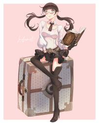  1girl absurdres accord black_skirt book boots border breasts briefcase brown_boots brown_hair closed_mouth commentary drag-on_dragoon drag-on_dragoon_3 english_commentary glasses green_eyes high_heel_boots high_heels highres holding holding_book large_breasts leofoxart long_hair outside_border signature sitting skirt smile solo standing thigh_boots twintails white_border 