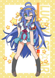  1girl antenna_hair armband artist_logo black_socks blue_sailor_collar blue_skirt blush border bow bow_panties brown_shoes collarbone commentary_request copyright_name cosplay green_eyes hairband hand_on_own_hip highres hirano_aya izumi_konata kita_high_school_uniform kneehighs loafers logo long_hair lucky_star mochimiya_hocchi open_mouth panties polka_dot polka_dot_background red_armband sailor_collar scene_reference school_uniform serafuku shirt shoes simple_background skirt socks solo star_(symbol) summer_uniform suzumiya_haruhi suzumiya_haruhi_(cosplay) suzumiya_haruhi_no_yuuutsu underwear voice_actor_connection wendee_lee white_panties white_shirt wind wind_lift yellow_border yellow_hairband 