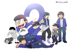  6+boys animalization antenna_hair arm_up black_hair black_shirt black_undershirt blazer blue_eyes blue_footwear blue_hair blue_hoodie boots bowl_cut buttons chain chain_necklace character_doll child clenched_hands collared_shirt cosplay cropped_jacket denim dog f6_(osomatsu-san) facial_hair freckles green_necktie grey_jacket grin hand_on_another&#039;s_head hand_on_own_hip hands_in_pockets hood hoodie idol idol_clothes index_finger_raised jacket jeans jewelry kashiwagi_yusuke looking_at_another looking_at_viewer male_focus mascot_costume matsu_symbol matsuno_karamatsu matsuno_karamatsu_(cosplay) matsuno_osomatsu multiple_boys multiple_persona mustache nakamura_yuuichi necklace necktie open_clothes open_jacket osomatsu-kun osomatsu-san osomatsu-san_on_stage_-_six_men&#039;s_show_time osomatsu-san_the_movie osomatsu_(series) outstretched_hand pants pointing raglan_sleeves real_life rinko_ma2 school_uniform see-through_body shirt sleeveless sleeveless_jacket smile sparkle sweatdrop time_paradox voice_actor white_background white_footwear 